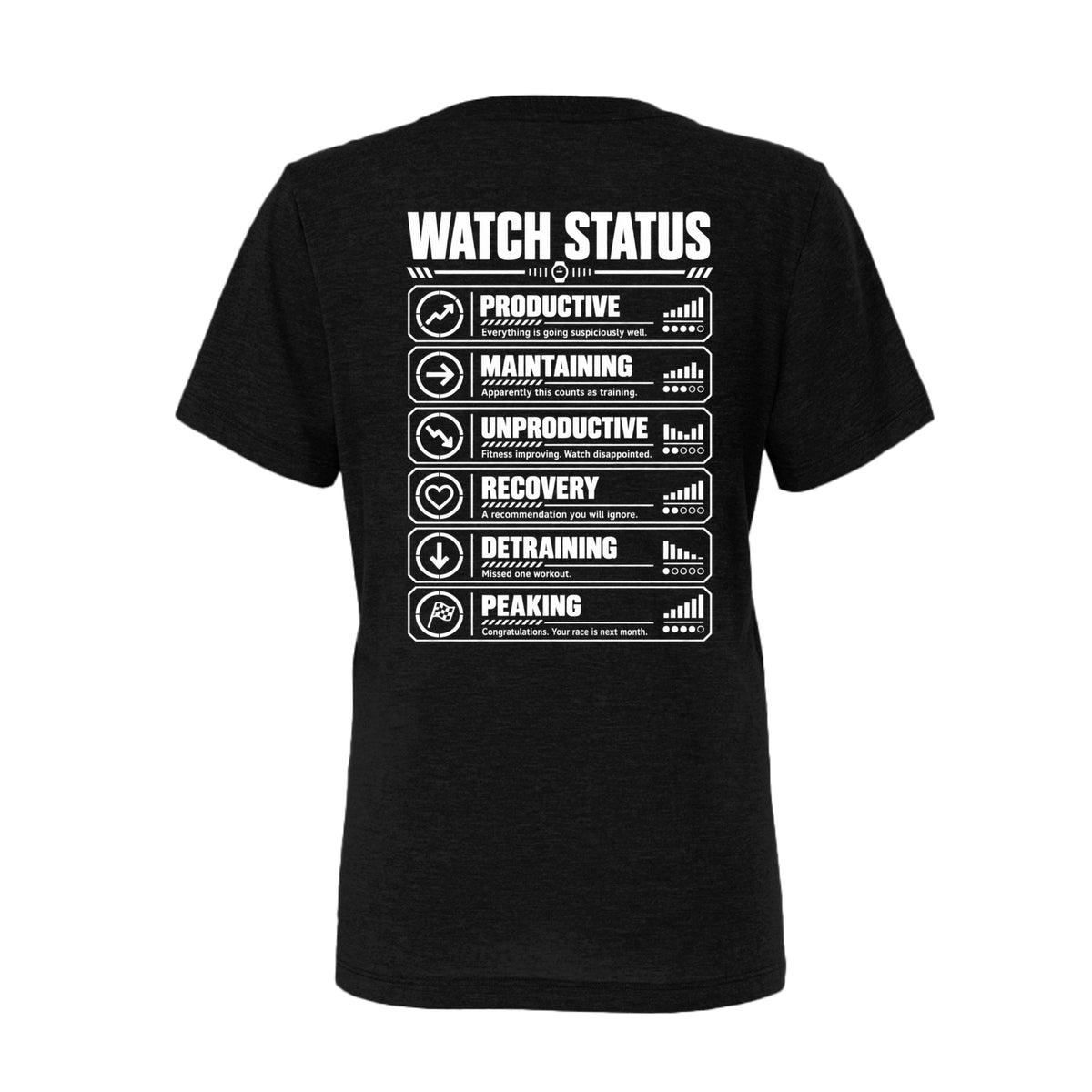 Black women’s Watch Status triathlon T-shirt with funny training status definitions by On A Box