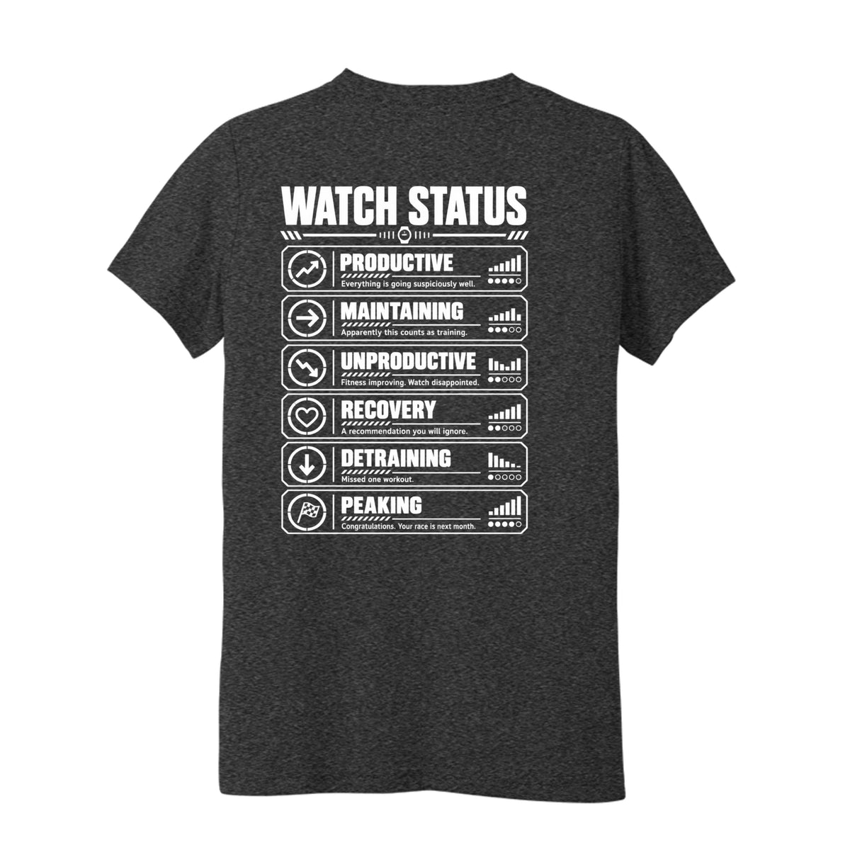 Black youth Watch Status triathlon T-shirt with funny training status definitions by On A Box