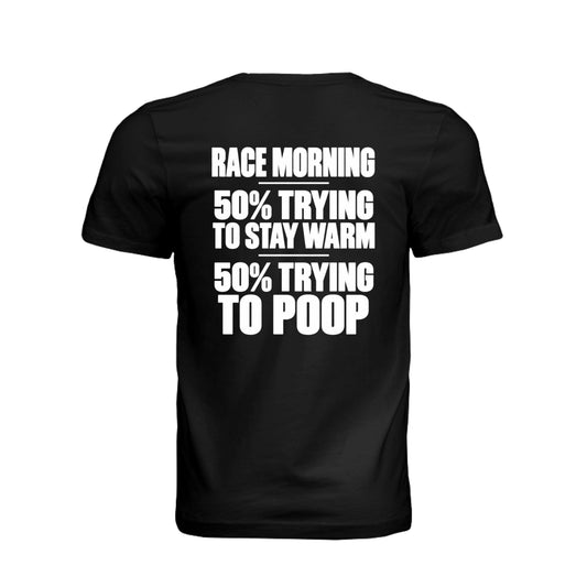 Black men's Race Day triathlon T-shirt with 50% trying to poop and 50% trying to stay warm design