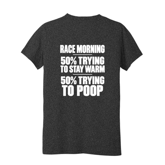 Black youth Race Day triathlon T-shirt with 50% trying to poop and 50% trying to stay warm design
