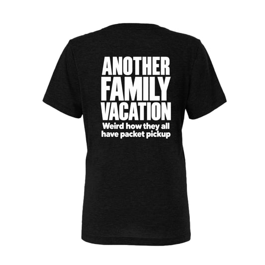 Black women’s Another Family Vacation triathlon T-shirt with packet pickup humor design