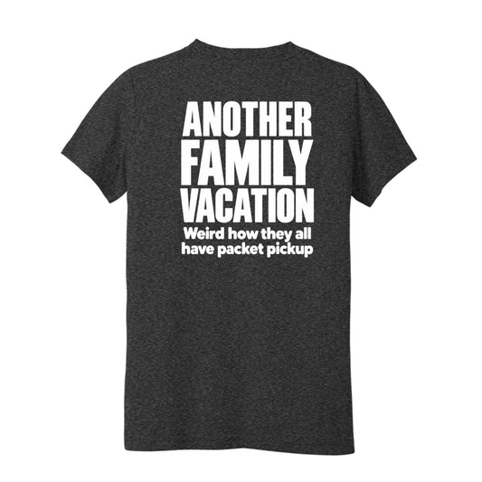 Black youth Another Family Vacation triathlon T-shirt with packet pickup humor design