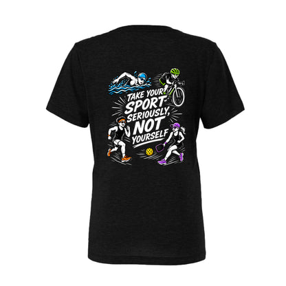 Black women’s Take Your Sport Seriously Not Yourself T-shirt for triathletes runners and cyclists