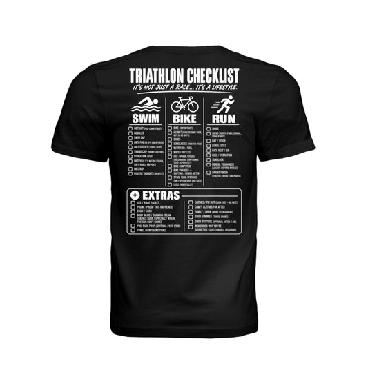 Black men’s Triathlon Checklist T-shirt with funny swim bike run race-day checklist design