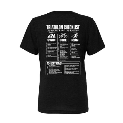 Black women’s Triathlon Checklist T-shirt with funny swim bike run race-day checklist design