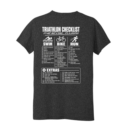 Black youth Triathlon Checklist T-shirt with funny swim bike run race-day checklist design