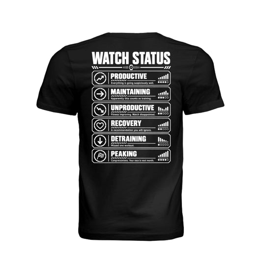 Black men’s Watch Status triathlon T-shirt with funny training status definitions by On A Box