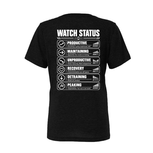 Black women’s Watch Status triathlon T-shirt with funny training status definitions by On A Box