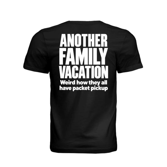 Black men’s Another Family Vacation triathlon T-shirt with packet pickup humor design