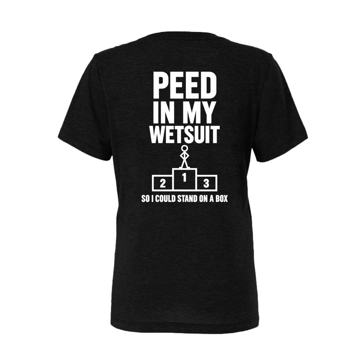 Black women’s Peed in My Wetsuit triathlon T-shirt with So I Could Stand on a Box design