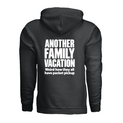 Black Another Family Vacation triathlon hoodie with packet pickup humor by On A Box