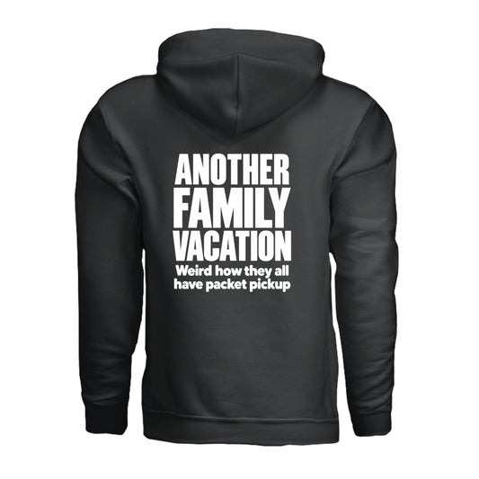Black Another Family Vacation triathlon hoodie with packet pickup humor by On A Box