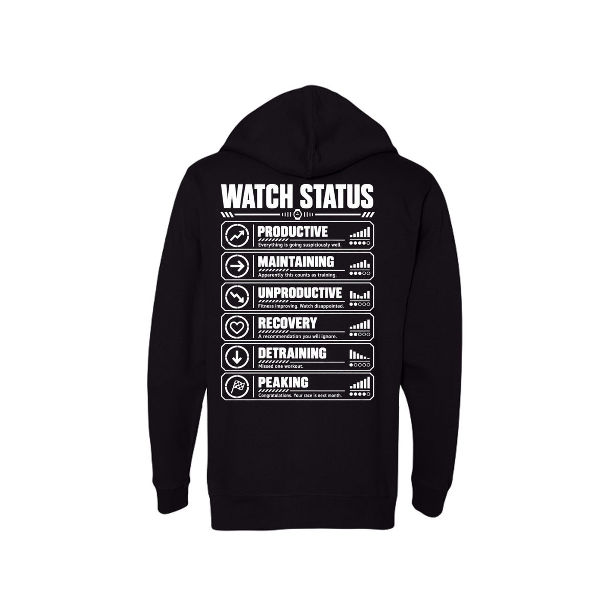 Watch Status hoodie back design with funny productive, recovery, detraining and peaking definitions