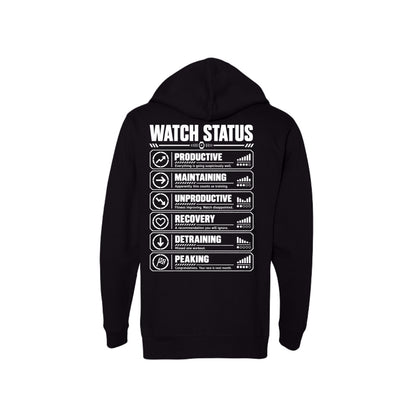 Watch Status hoodie back design with funny productive, recovery, detraining and peaking definitions