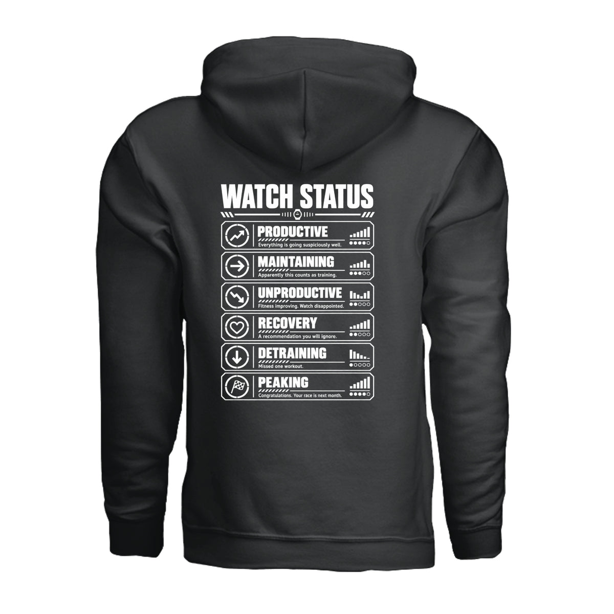 Black Watch Status triathlon hoodie with funny training status definitions by On A Box