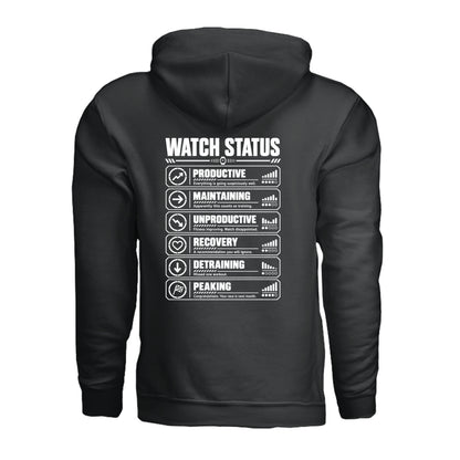 Black Watch Status triathlon hoodie with funny training status definitions by On A Box