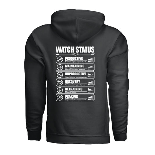 Black Watch Status triathlon hoodie with funny training status definitions by On A Box